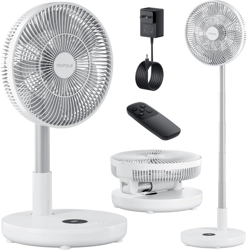 TriPole Oscillating Fan Portable Quiet Standing Fan with Remote, 12" Rechargeable Pedestal Fans for Bedroom Office, Foldable Battery Powered Travel Fans, Adjustable Height, 8H Timer, 6 Speeds, 44.4Wh - Image 1